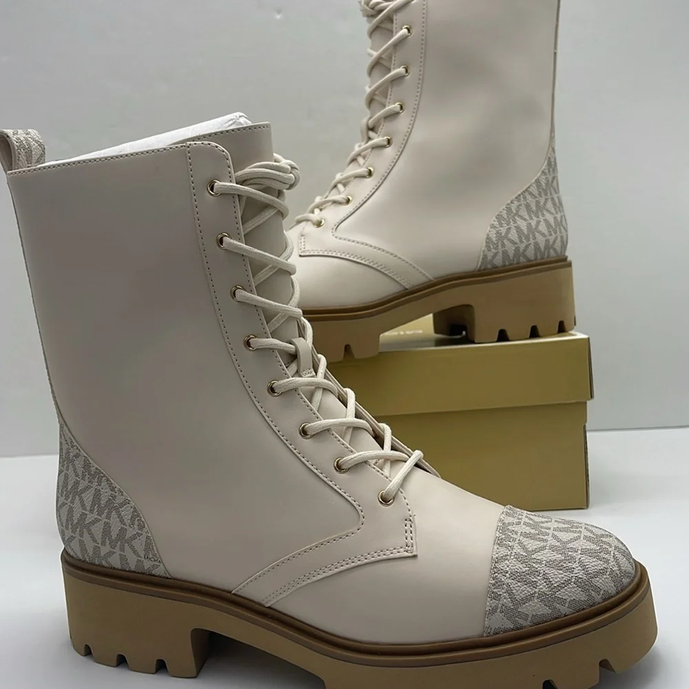 MICHAEL KORS Weiss Leather and Signature Logo Combat Bootie Faux Leather  Vanill
